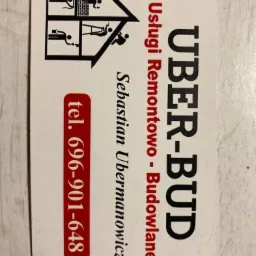 Wizyt&oacute;wka firmy UBER-BUD oferującej usługi remontowo-budowlane, z ilustracjami przedstawiającymi prace remontowe w domu i numerem telefonu.