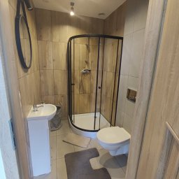 Firma zakładowa - Nowoczesna łazienka z kabiną prysznicową z czarnymi profilami, umywalką na szafce, wiszącą toaletą i okrągłym lustrem w czarnej ramie na ścianie wyłożonej płytkami imitującymi drewno.