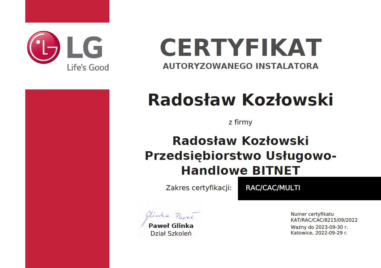 LG Certyfikat - klimatyzacje RAC, CAC