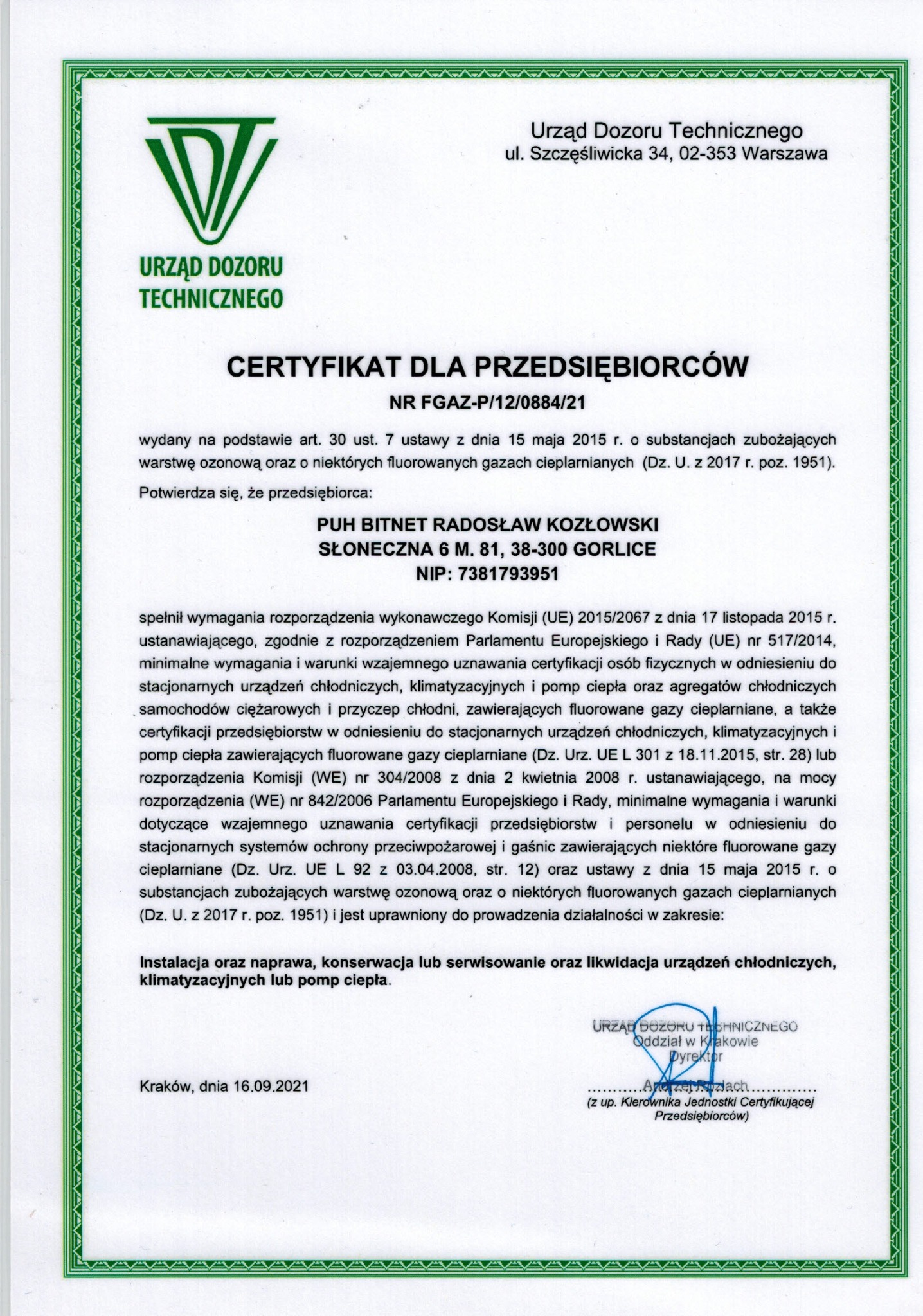 Systemy klimatyzacyjne - UDT - Certyfikat przedsiębiorcy