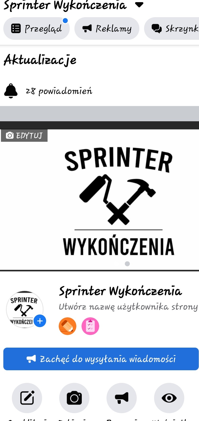 Logo firmy Sprinter Wykończenia z symbolem wałka do malowania skrzyżowanego z młotkiem.