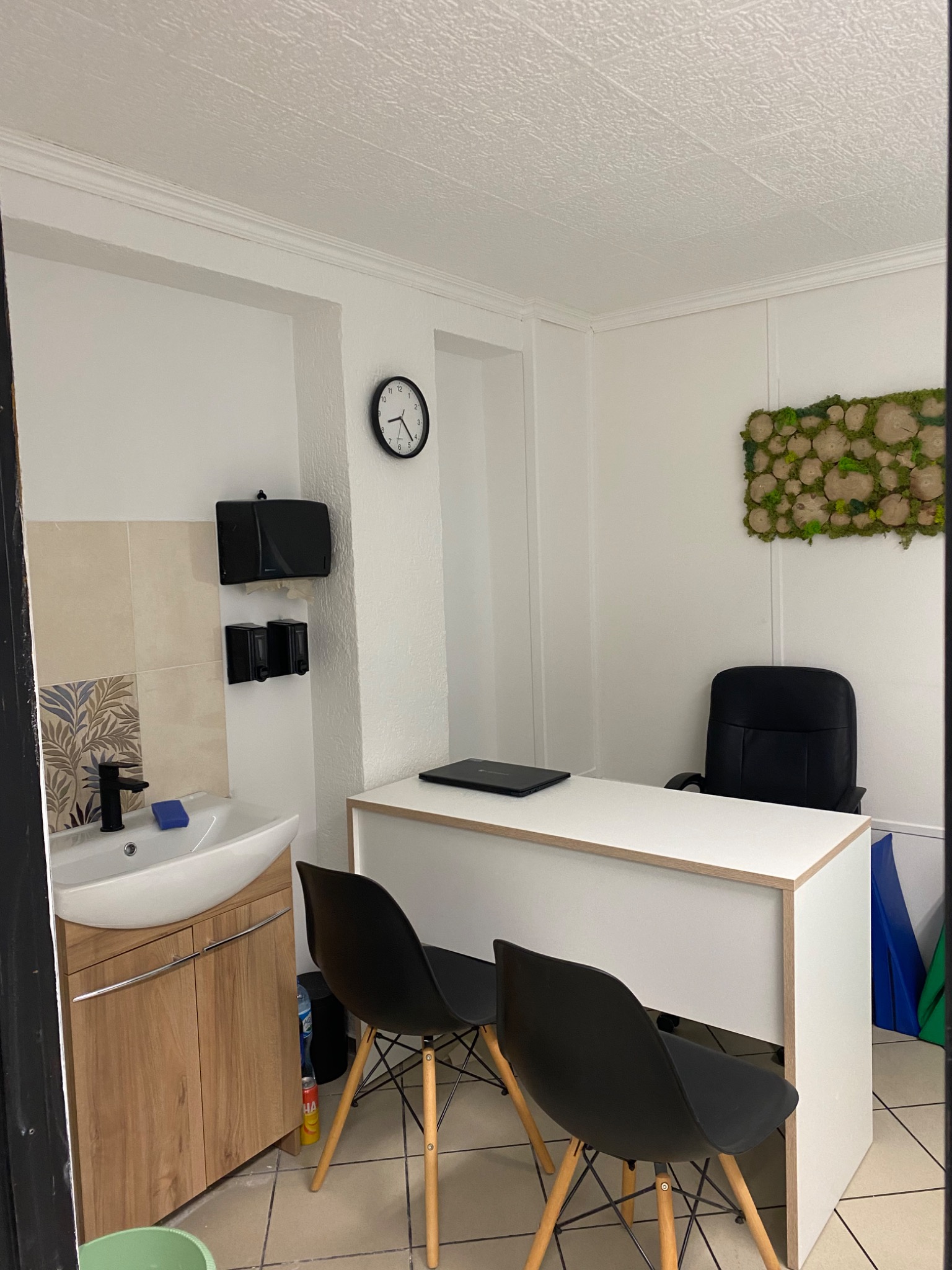 Wnętrze gabinetu w Dźwierzutach z umywalką, biurkiem z laptopem i dekoracją ścienną z mchu i drewna.