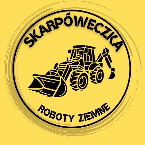 Logo firmy Skarpóweczka z sylwetką koparko-ładowarki w okręgu na żółtym tle.