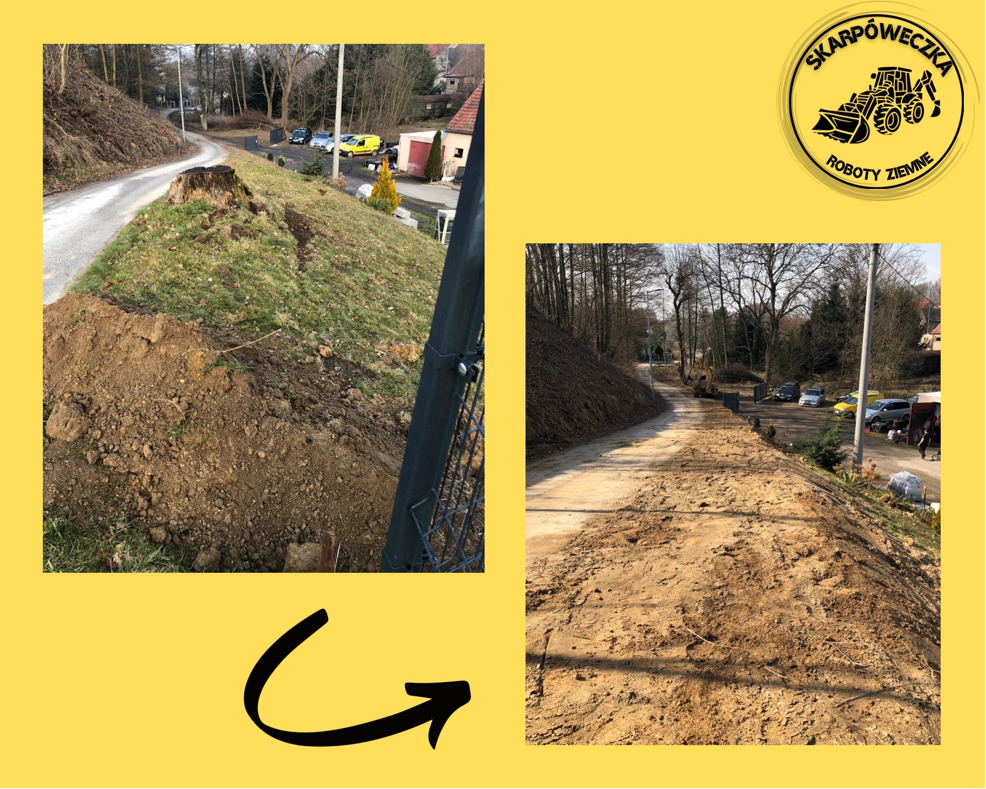 Skarpa po wykopie ziemi przy asfaltowej drodze, widoczny pień ściętego drzewa i fragment ogrodzenia, w tle zaparkowane samochody i zabudowania.