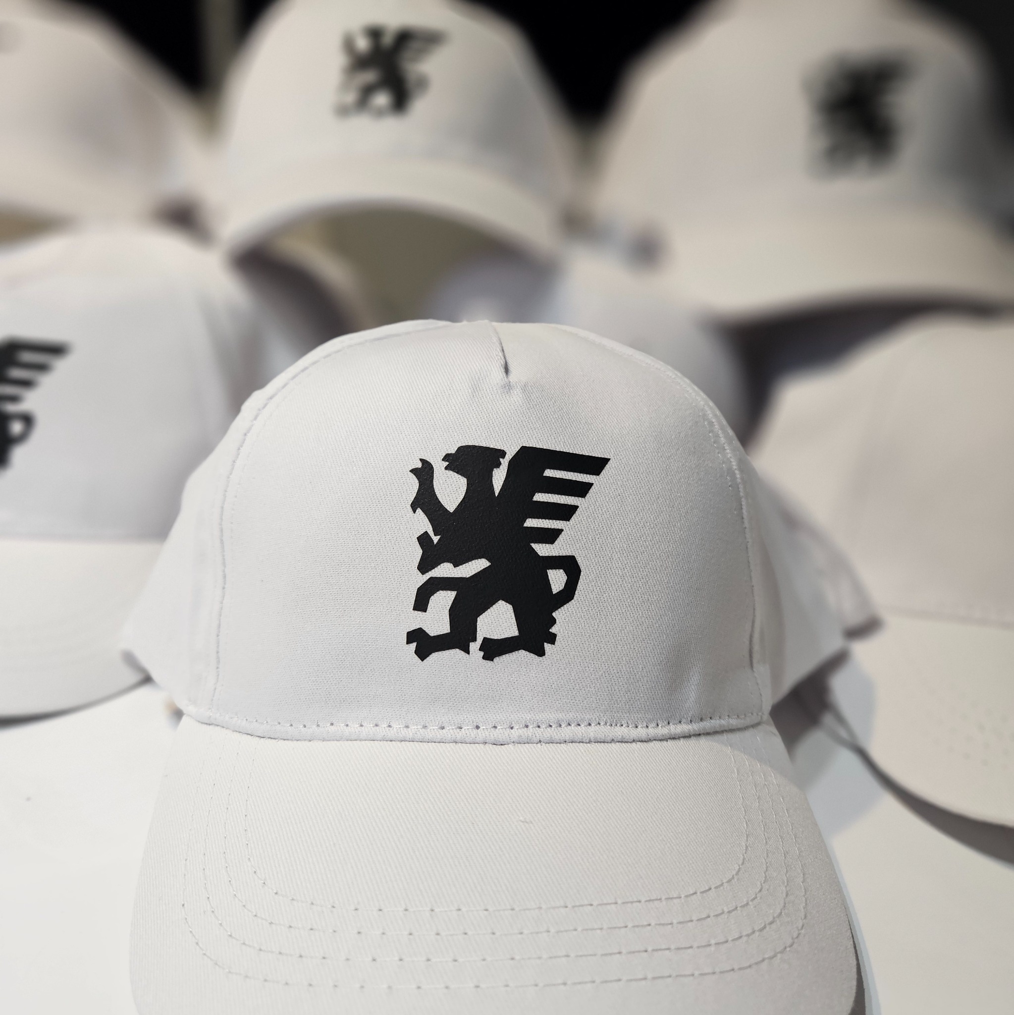 Biała czapka z daszkiem, na której widnieje czarny nadruk przedstawiający gryfa. W tle rozmyte inne czapki z tym samym motywem. Czapka leży na białym podłożu.