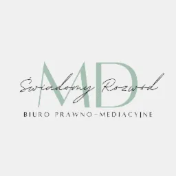Logo biura prawno-mediacyjnego z napisem 'Świadomy Rozwód' w ozdobnej czcionce na tle dużych, zielonych liter MD.