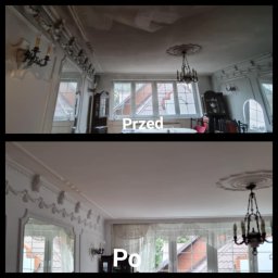 Kowalik Mateusz - Zdjęcie 'przed i po' przedstawia pokój z ozdobnymi sztukateriami, gdzie sufit i ściany zostały odświeżone poprzez malowanie na jednolity, jasny kolor.