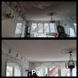 Zdjęcie 'przed i po' przedstawia pokój z ozdobnymi sztukateriami, gdzie sufit i ściany zostały odświeżone poprzez malowanie na jednolity, jasny kolor.