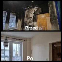 Zdjęcie 'przed i po' remontu pokoju po pożarze. Widoczne ślady spalenizny usunięte, ściany pomalowane na jasny kolor, nowe okno. Odnowione wnętrze.