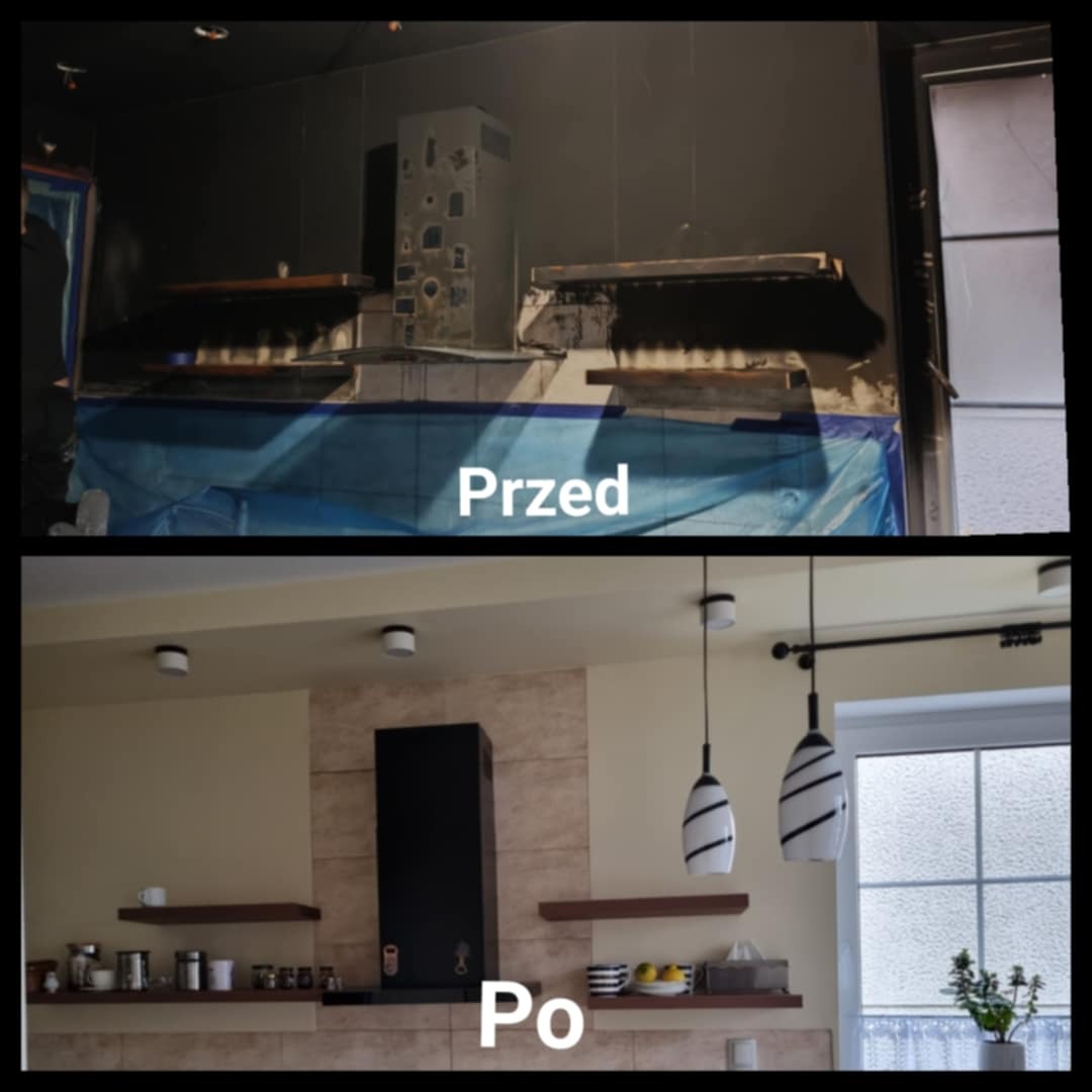 Kuchenna metamorfoza: zdjęcie 'Przed' ukazuje surowy stan, zdemontowane szafki i zabezpieczenia. 'Po' prezentuje odnowione wnętrze z nowoczesnym oświetleniem i wykończeniem.
