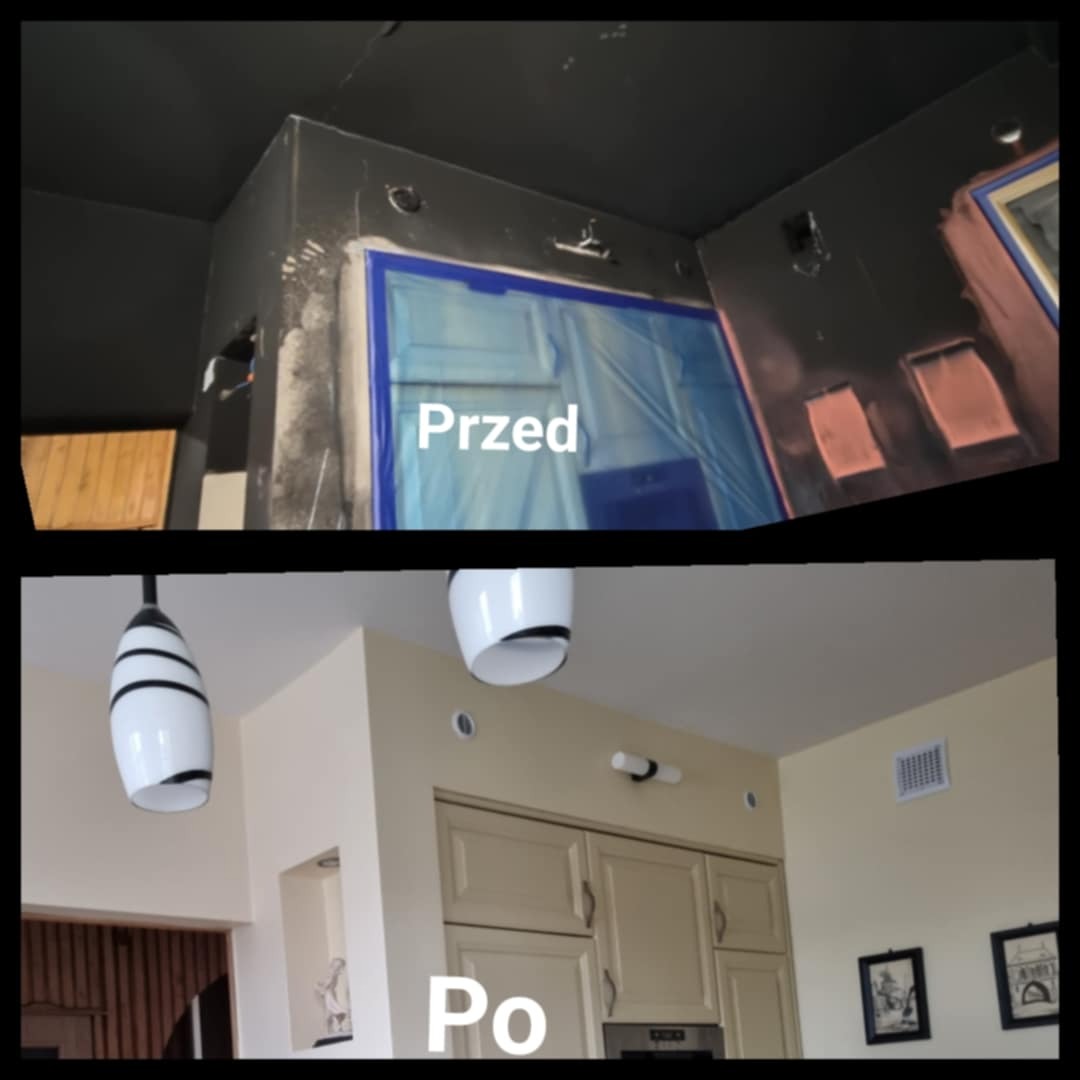 Zdjęcie 'przed i po' przedstawia metamorfozę wnętrza: surowy, ciemny pokój z zabezpieczonymi drzwiami zmienia się w jasną kuchnię z meblami i lampami.