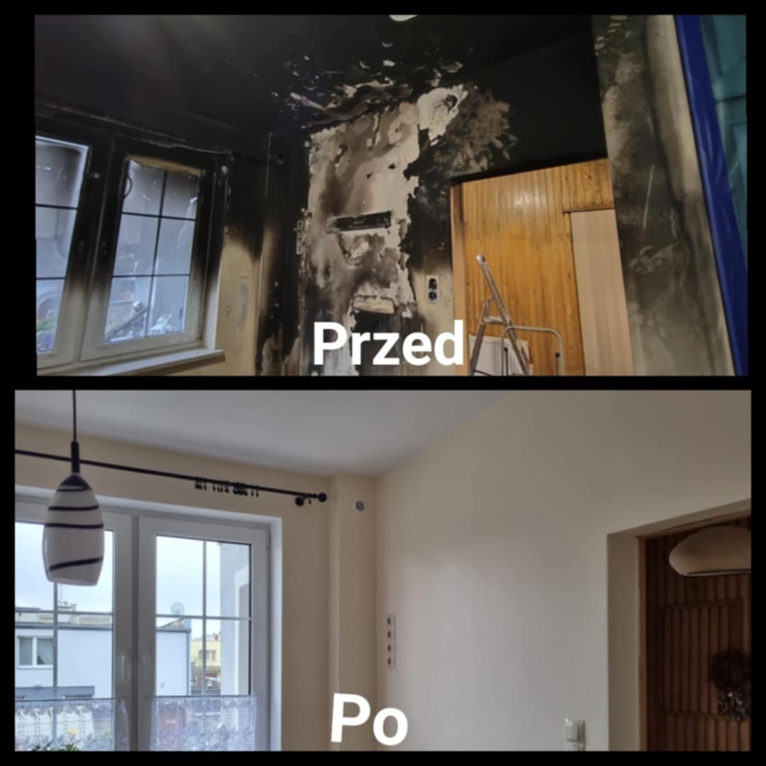 Zdjęcie 'przed i po' remontu pokoju po pożarze. Widoczne ślady spalenizny usunięte, ściany pomalowane na jasny kolor, nowe okno. Odnowione wnętrze.