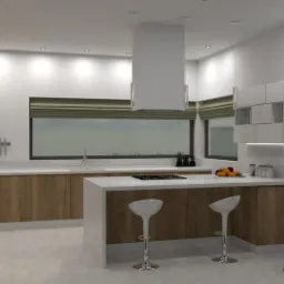 Wizualizacja przestronnej kuchni z drewnianymi szafkami, białym blatem i wyspą z dwoma białymi hokerami, oświetlona punktowymi lampami sufitowymi, z oknem z roletami w tle i roślinami doniczkowymi...