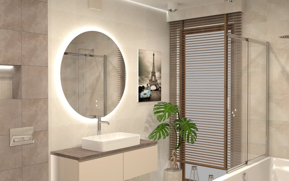 Nowoczesna łazienka z okrągłym lustrem podświetlanym LED, białą umywalką nablatową, szafką w kolorze beżowym, drewnianymi żaluzjami, szklaną kabiną prysznicową i plakatem z wieżą Eiffla.