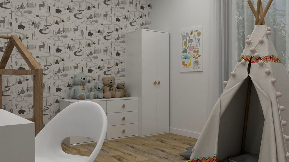 Pokój dziecięcy z motywem leśnym na tapecie, białym biurkiem i krzesłem, drewnianym łóżkiem w kształcie domku oraz tipi z pomponami.