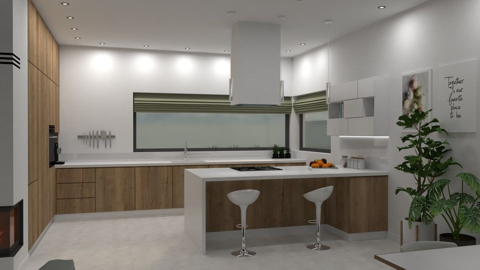 Wizualizacja przestronnej kuchni z drewnianymi szafkami, białym blatem i wyspą z dwoma białymi hokerami, oświetlona punktowymi lampami sufitowymi, z oknem z roletami w tle i roślinami doniczkowymi...