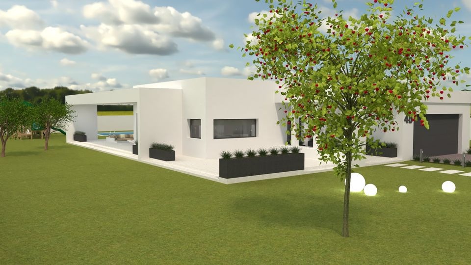 Wizualizacja nowoczesnego domu jednorodzinnego z płaskim dachem, dużymi oknami, otwartą przestrzenią z basenem i ogrodem z oświetleniem kulistym.