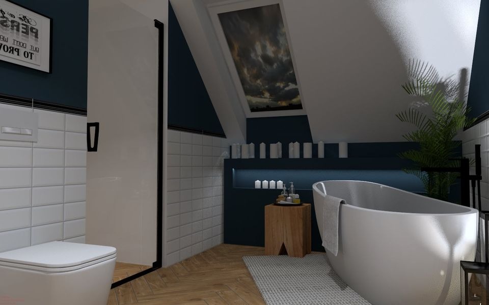 Nowoczesna łazienka na poddaszu z wolnostojącą wanną, okrągłym stołkiem z drewna, toaletą i kabiną prysznicową za czarną ramą.