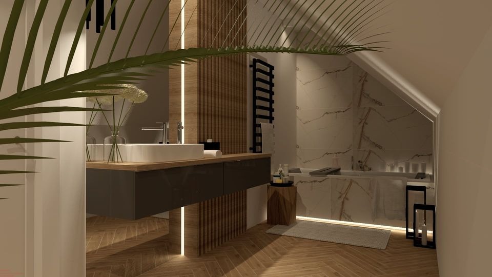 Nowoczesna łazienka na poddaszu z marmurowymi płytkami, drewnianą podłogą w jodełkę, wiszącą szafką z umywalką i dekoracyjnym grzejnikiem drabinkowym, oświetlona listwami LED i subtelnymi dekoracjami.