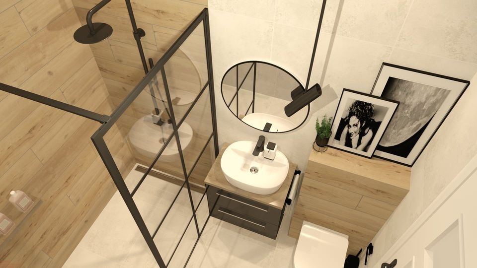 Wizualizacja łazienki z kabiną prysznicową typu walk-in z czarnymi profilami, owalnym lustrem z czarną ramą i umywalką nablatową. Na blacie drewnopodobnym stoją czarno-białe zdjęcia w czarnych...