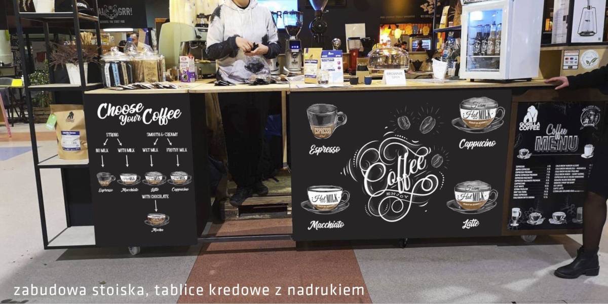 Zabudowa stoiska kawowego z tablicami kredowymi prezentującymi menu i rodzaje kaw, ozdobiona rysunkami filiżanek i ziaren kawy, widoczne ekspresy i akcesoria do parzenia kawy, w tle regały...