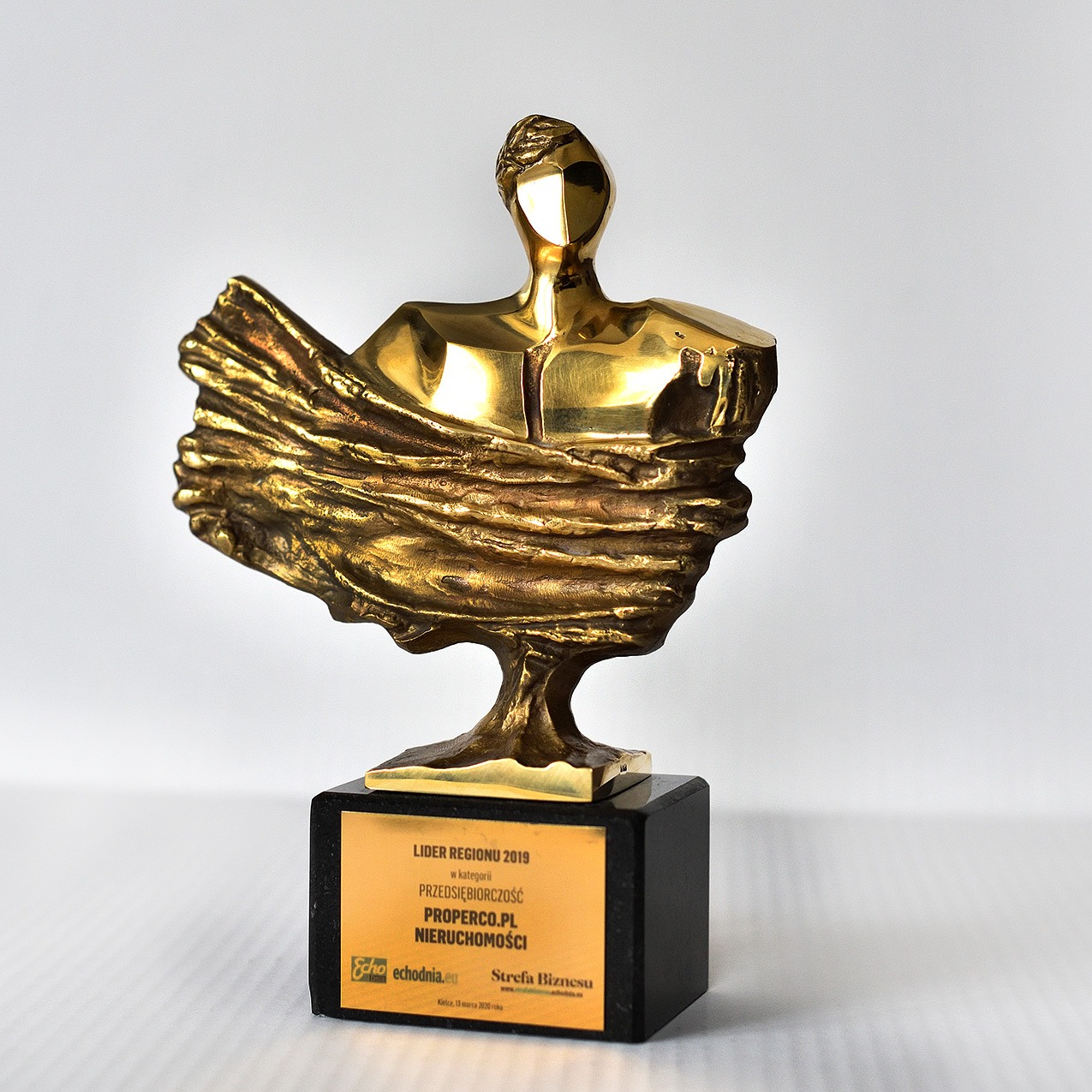 Złota statuetka 'Lider Regionu 2019' dla Properco.pl Nieruchomości, na czarnym postumencie. Nagroda za przedsiębiorczość w branży nieruchomości.