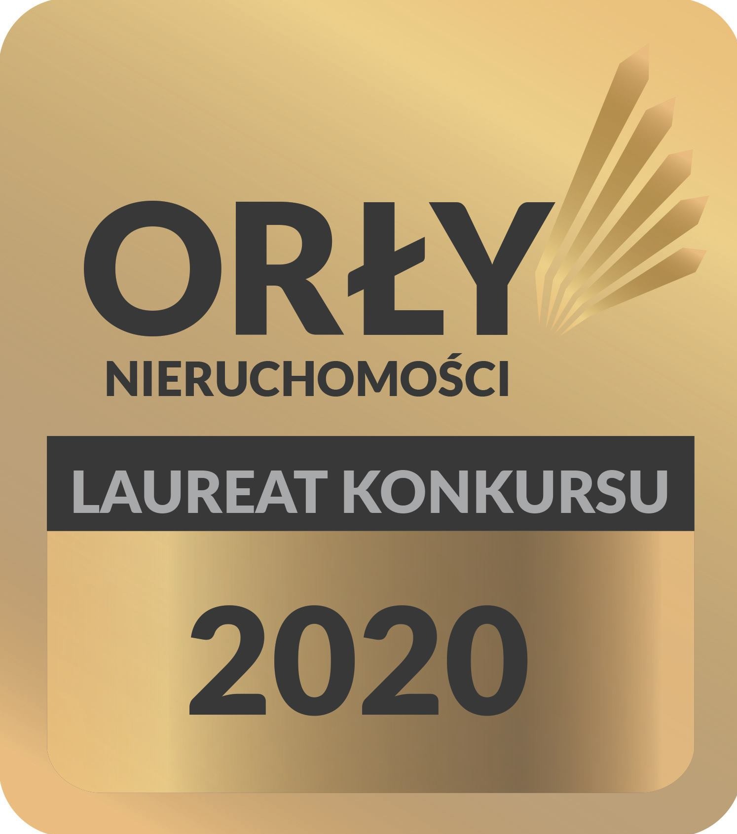 Złota odznaka 'Orły Nieruchomości' z napisem 'Laureat Konkursu 2020'. Symbol prestiżu i uznania w branży nieruchomości.