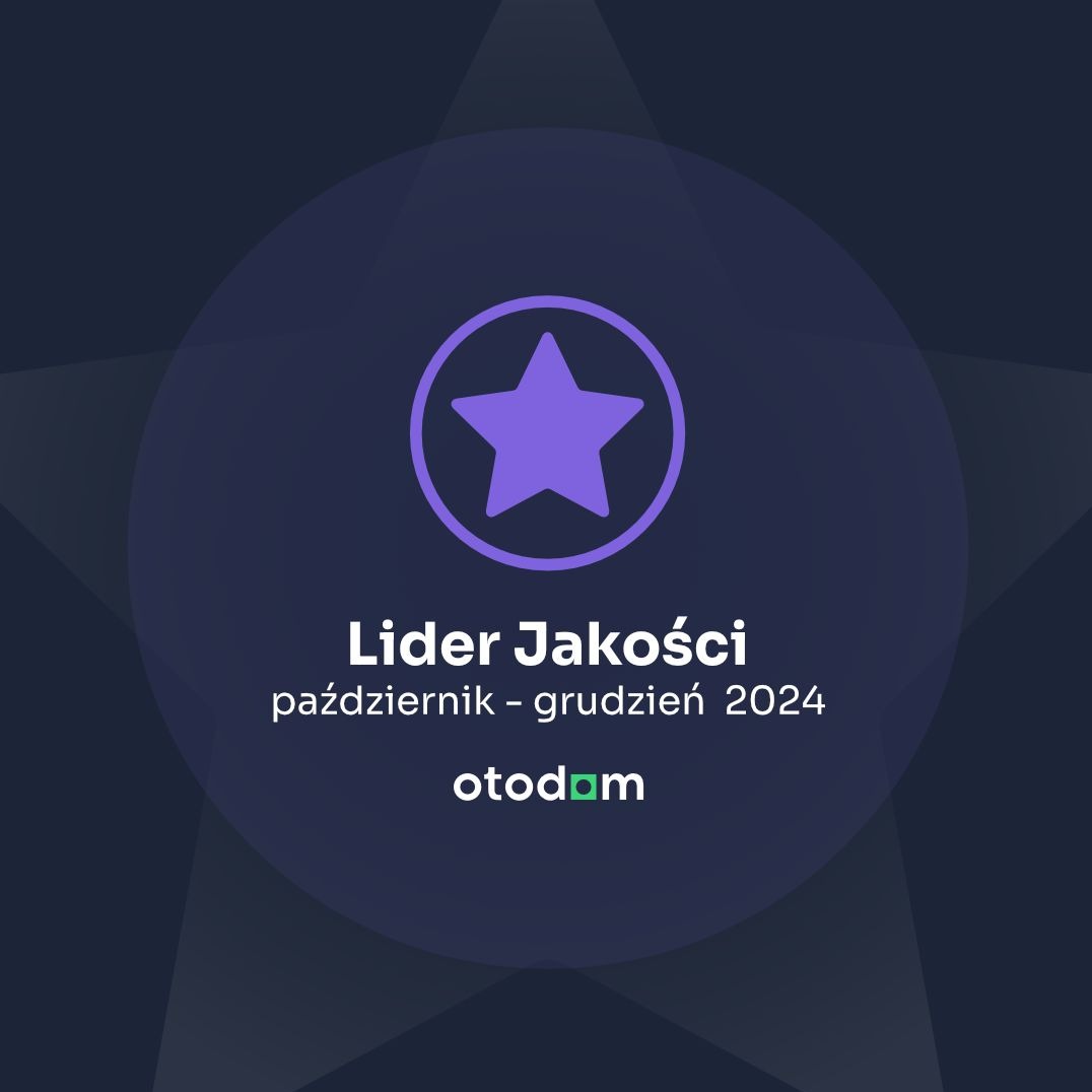 Grafika 'Lider Jakości' Otodom za okres październik-grudzień 2024, z fioletową gwiazdą w okręgu na ciemnoniebieskim tle z rozbłyskami.
