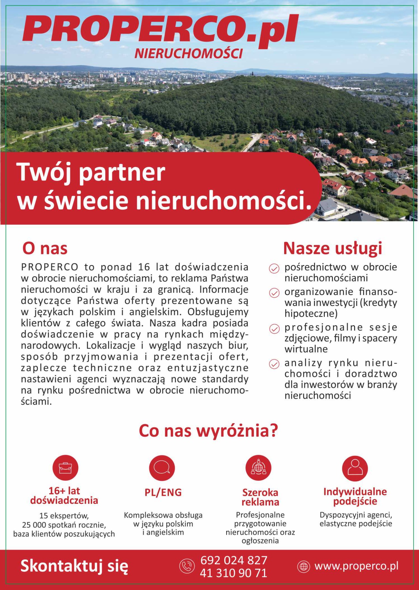 Reklama agencji nieruchomości Properco.pl z widokiem na miasto i hasłem 'Twój partner w świecie nieruchomości'. Informacje o ofercie i dane kontaktowe.