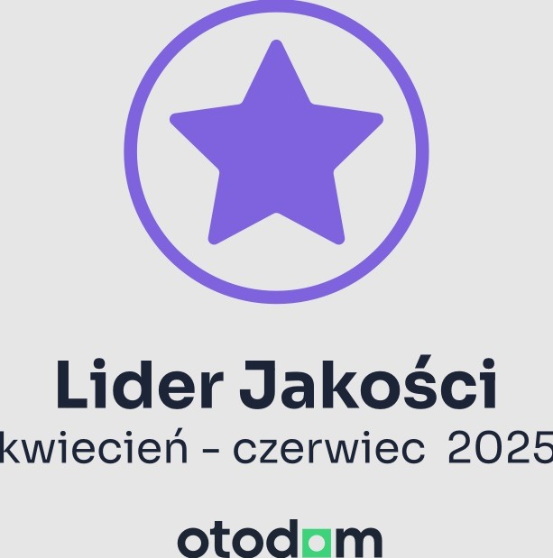 Odznaka 'Lider Jakości' od Otodom dla firmy z Kielc, przyznana za okres kwiecień-czerwiec 2025. Fioletowa gwiazda w okręgu nad napisem.