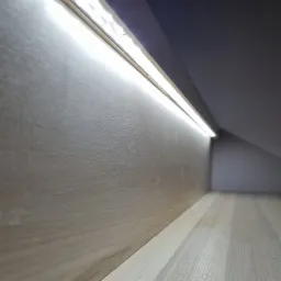 Wnętrze antresoli z oświetleniem LED zamontowanym pod sufitem, widok na drewnianą podłogę i ścianę w odcieniach szarości.