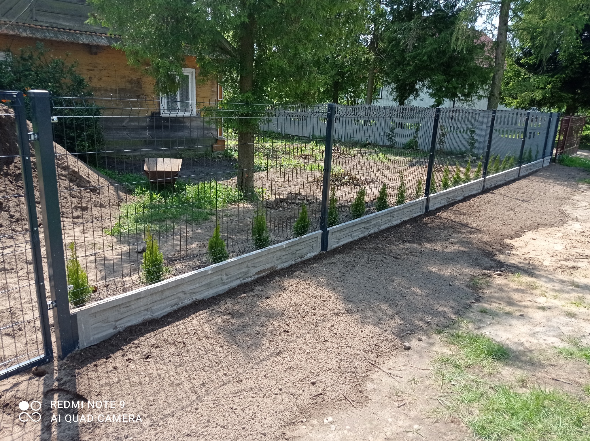 Nowoczesne ogrodzenie panelowe z podmurówką betonową i młodymi tujami, widok z zewnątrz posesji na tle drewnianego domu.