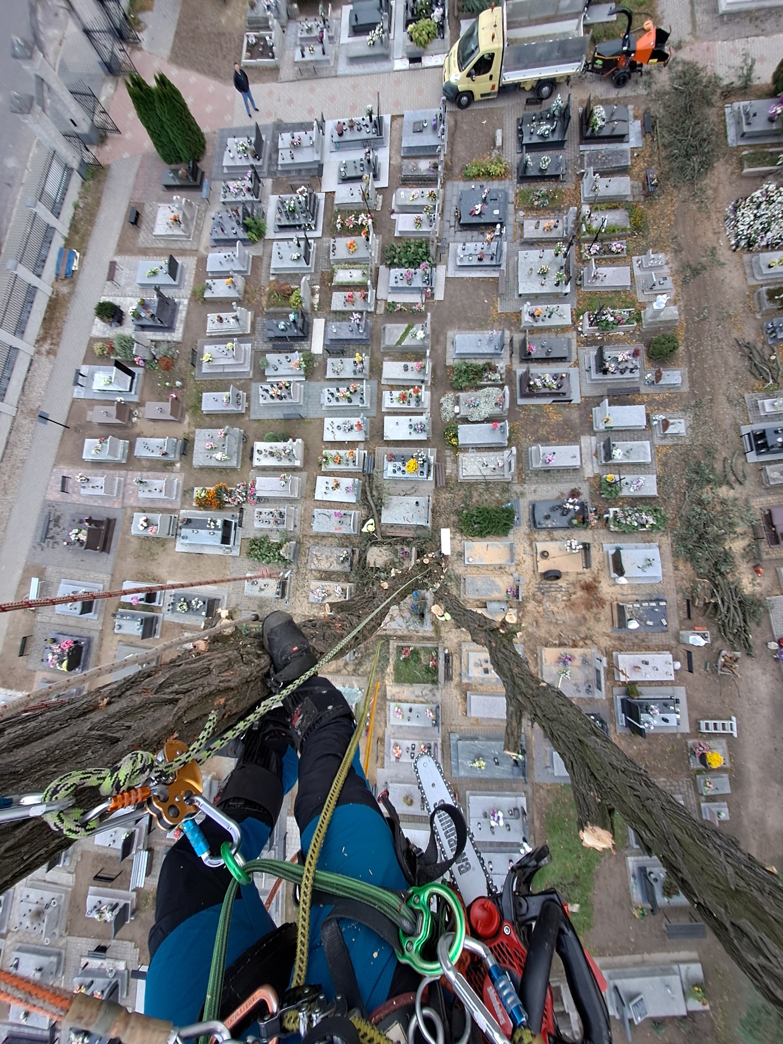 Pracownik na wysokości w uprzęży, z piłą łańcuchową, podczas wycinki drzewa na cmentarzu, widok z góry na nagrobki i sprzęt do usuwania gałęzi.