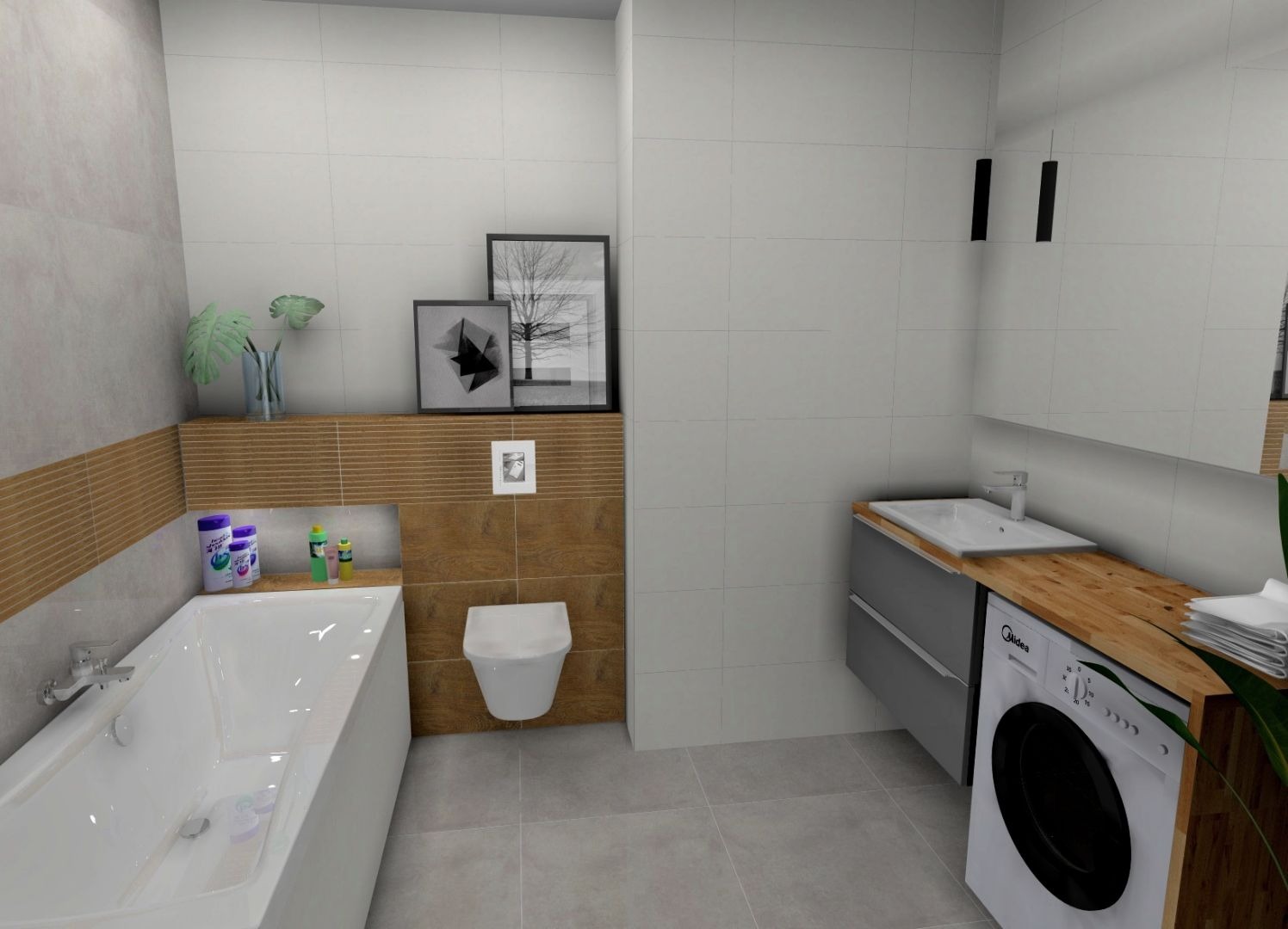 Nowoczesna łazienka z białymi płytkami, drewnianymi akcentami, wiszącą toaletą, szafką z umywalką, pralką z drewnianym blatem i dekoracjami ściennymi.