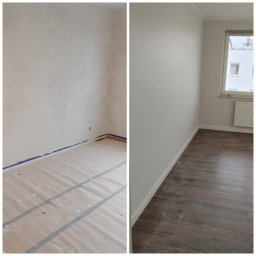 Wykończenia wnętrz - Dwuczęściowe zdjęcie przedstawiające pokój przed i po malowaniu: po lewej surowe ściany i zabezpieczona podłoga, po prawej pomalowane ściany, listwy przypodłogowe i ciemna podłoga.