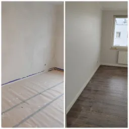 Dwuczęściowe zdjęcie przedstawiające pokój przed i po malowaniu: po lewej surowe ściany i zabezpieczona podłoga, po prawej pomalowane ściany, listwy przypodłogowe i ciemna podłoga.