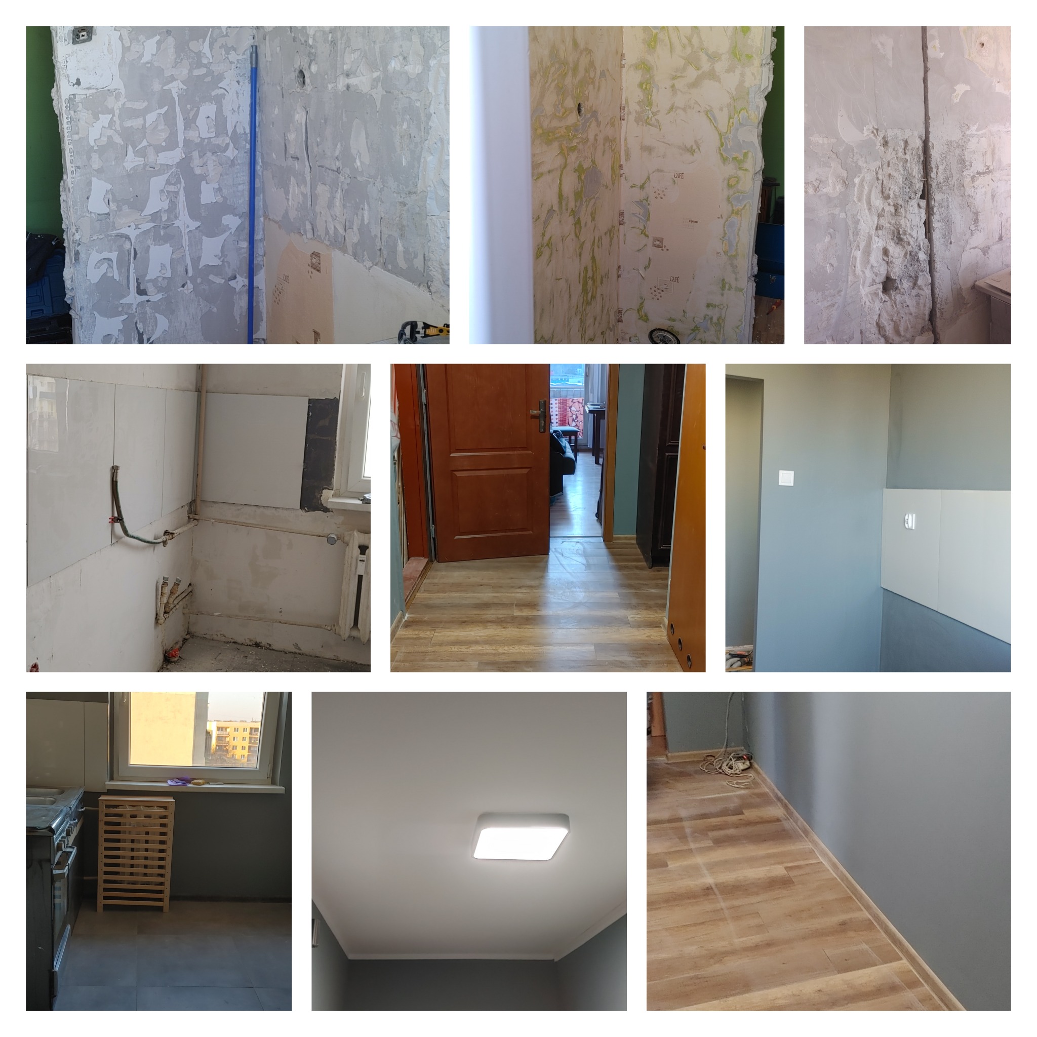 Kompozycja zdjęć przedstawiająca różne etapy remontu mieszkania: ściany ze zdartą tapetą, fragment łazienki z częściowo położonymi płytkami, widok na korytarz z nową podłogą oraz fragment kuchni...