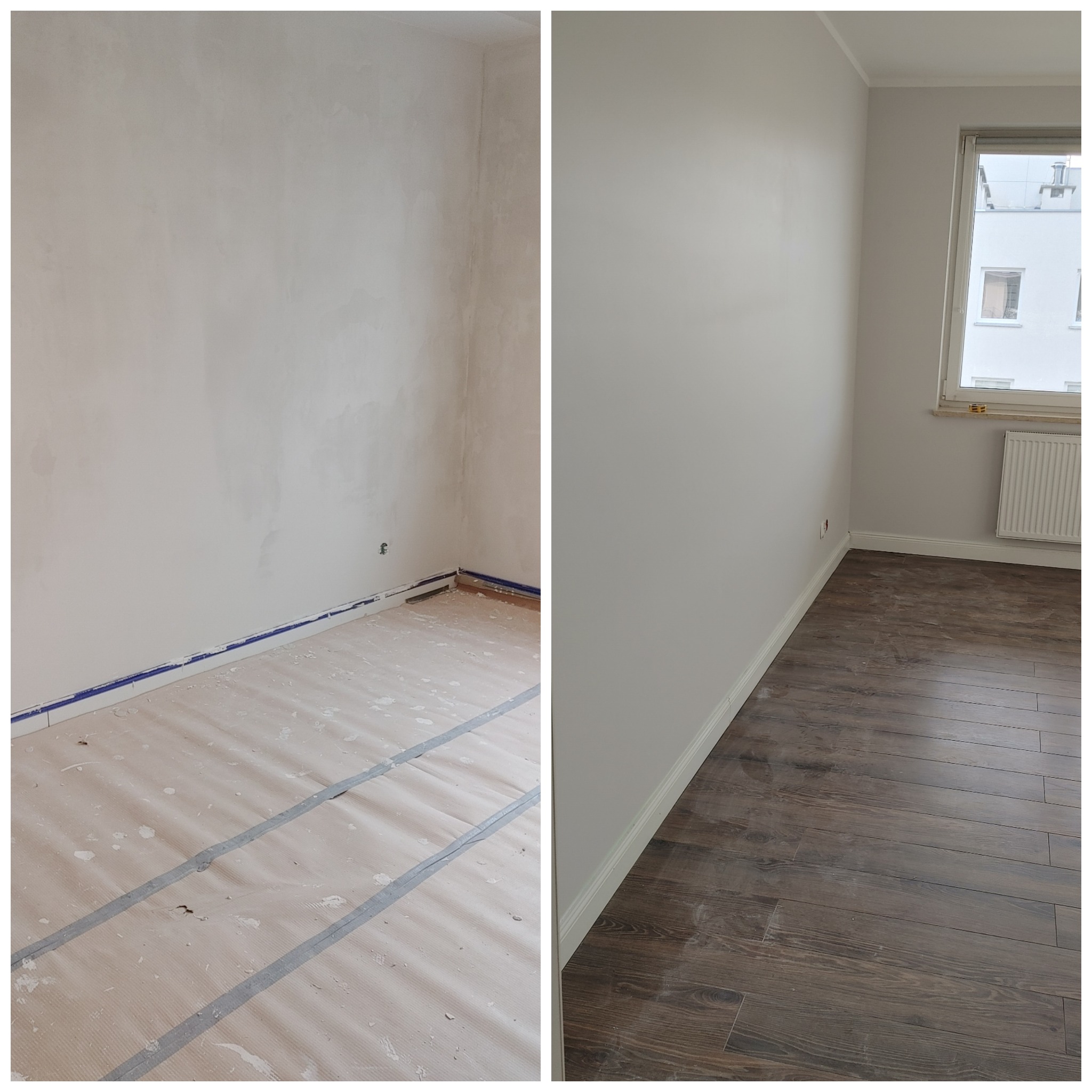 Dwuczęściowe zdjęcie przedstawiające pokój przed i po malowaniu: po lewej surowe ściany i zabezpieczona podłoga, po prawej pomalowane ściany, listwy przypodłogowe i ciemna podłoga.