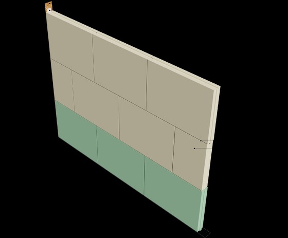 Przekrój ściany z płyt gipsowo-kartonowych, dolna część w kolorze zielonym, górna beżowa. Widoczne warstwy konstrukcyjne i mocowania. Grafika prezentuje budowę ściany działowej.