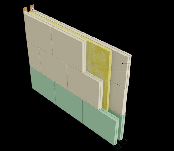 Przekrój ściany z izolacją: wełna mineralna, płyty gipsowe, zielone panele. Schemat warstwowy, widoczne elementy konstrukcyjne i wykończeniowe. Wizualizacja 3D.