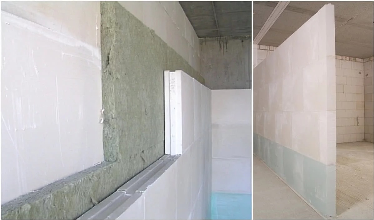 Wnętrze w trakcie prac wykończeniowych: ocieplanie ścian wełną mineralną i montaż płyt gipsowo-kartonowych na metalowym stelażu. Widoczne surowe ściany i podłoga.