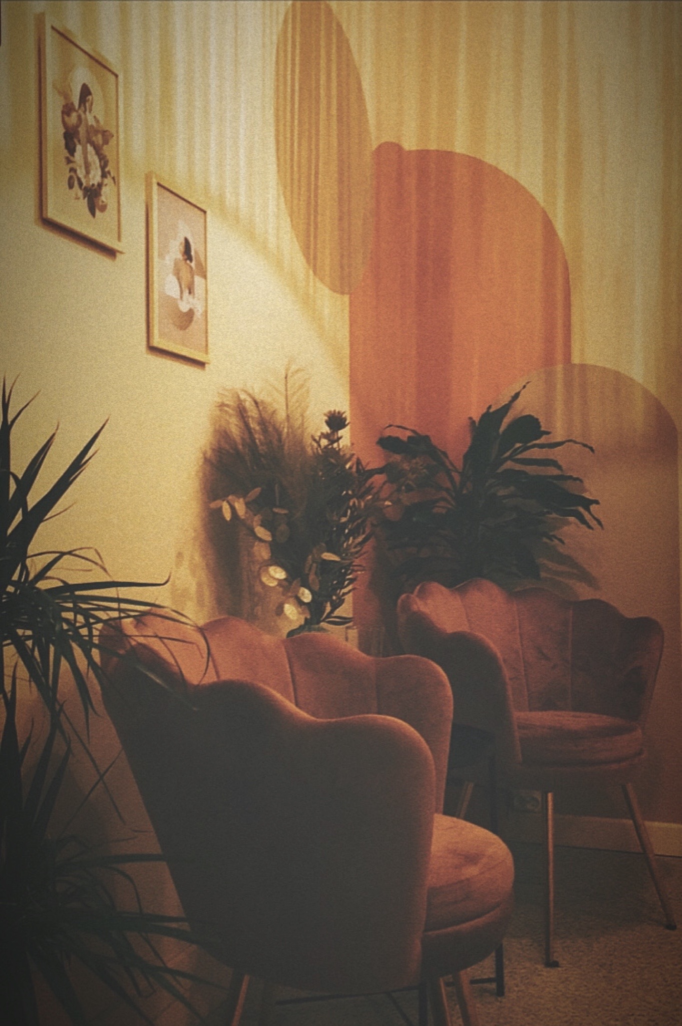 Stylizowane wnętrze: trzy foteliki w odcieniach brzoskwini z roślinami doniczkowymi i abstrakcyjnymi dekoracjami ściennymi w ciepłej tonacji.