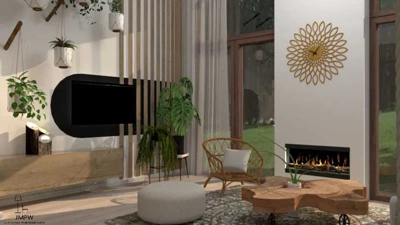 Wizualizacja salonu z kominkiem, drewnianym stolikiem kawowym na kółkach, rattanowym fotelem i dekoracyjnym zegarem słonecznikowym na ścianie, uzupełniona roślinami doniczkowymi i minimalistycznymi...