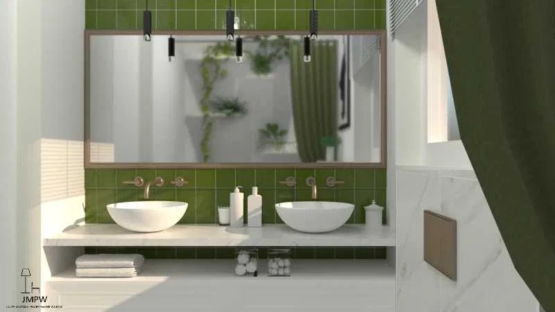 Nowoczesna łazienka z dwoma umywalkami nablatowymi, zielonymi płytkami na ścianie i dużym lustrem z odbiciem roślinności, minimalistyczne oświetlenie wiszące.