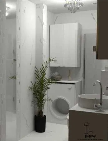 Wizualizacja łazienki z pralką, umywalką nablatową i rośliną w czarnej doniczce, utrzymana w bieli z marmurkowym wzorem na ścianach.