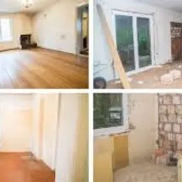 Kolaż czterech zdjęć przedstawiających wnętrze mieszkania w trakcie remontu: pokój z drewnianą podłogą i piecem, pokój z oknem balkonowym i resztkami tynku, pokój z zieloną szafką i zasłonami...