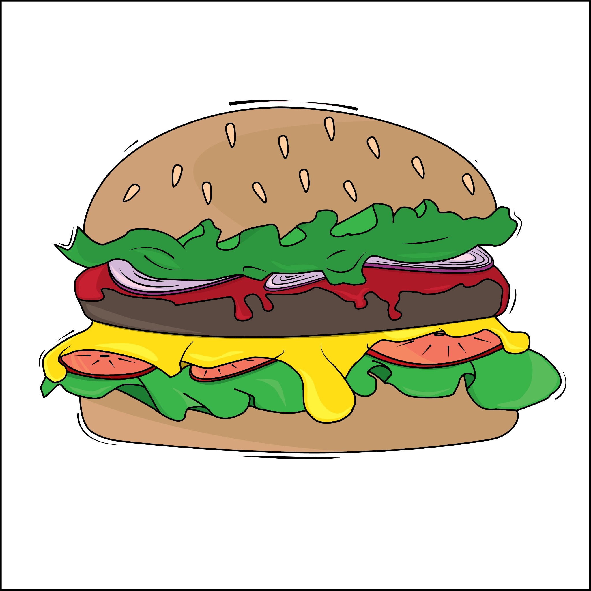 Ilustracja burgera z warstwami sałaty, pomidora, sera, mięsa i cebuli, na białym tle.