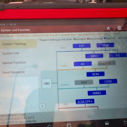 PG Mechanika & Elektronika Samochodowa - Tablet z diagramem diagnostycznym systemów KIA Sportage (2012) z modułami ESP, SRS, AC, BCM, OBD, IMMO. Widoczne opcje: System Topology, Read Password.