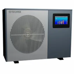 Szara pompa ciepła Technix z widocznym panelem sterowania i kratką wentylacyjną, ustawiona na czarnych nóżkach, na białym tle.