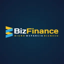 Logo firmy BizFinance: stylizowany symbol strzałek w kolorach żółtym i niebieskim, nazwa firmy w kolorze białym i żółtym, pod spodem napis 'BIURO WSPARCIA BIZNESU' na ciemnogranatowym tle.